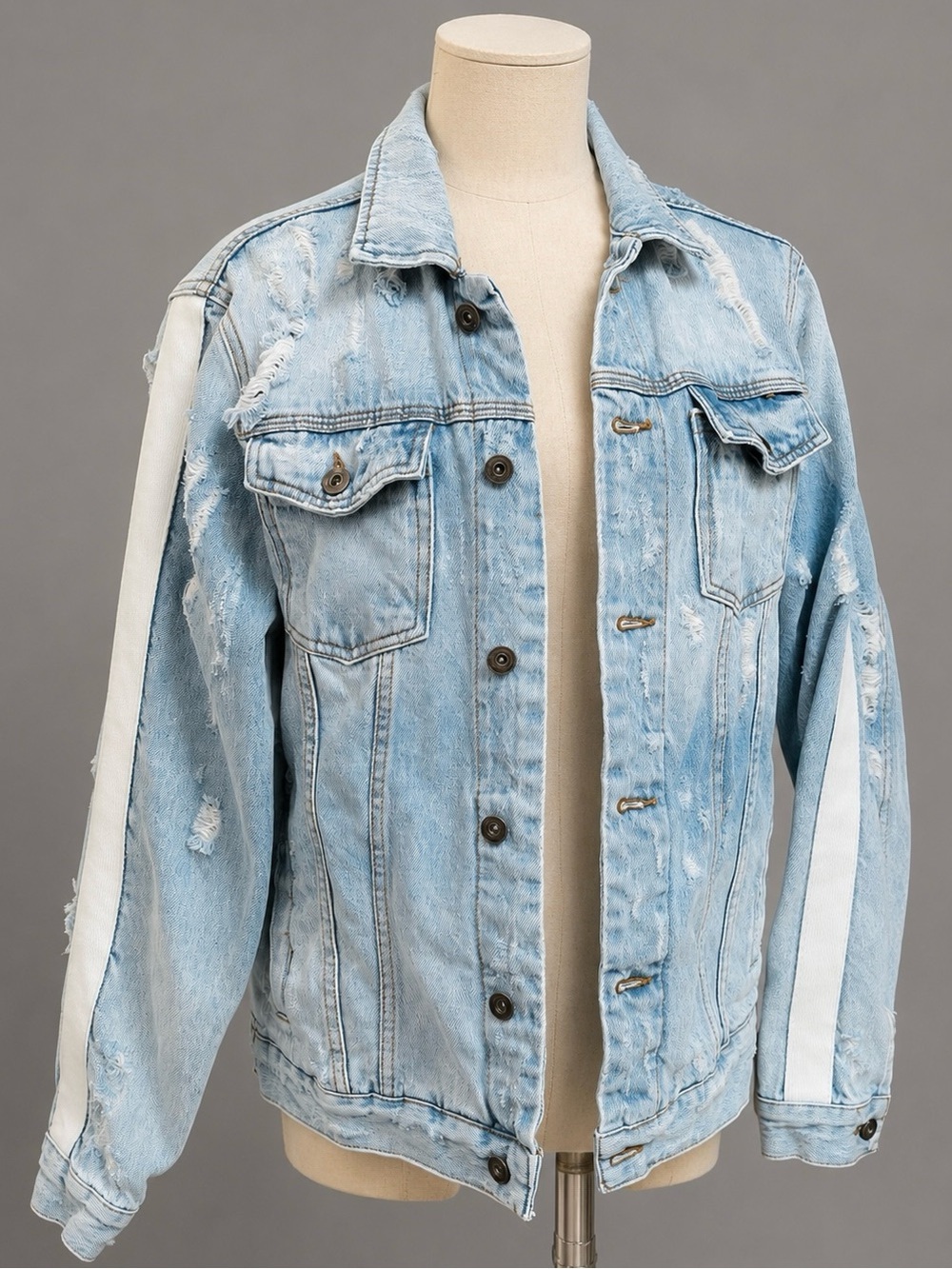 Zara sz M long lightwash distressed stripe accent denim, jean jacket